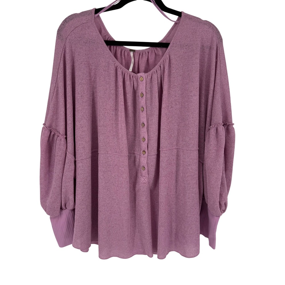 Free People Oversize Blue Bell Marla‎ Henley Top Womens L Purple Balloon Sleeve